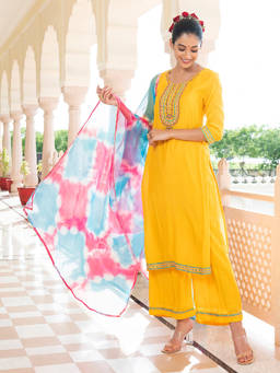 EverBloom - Kaashvi Yellow Embroidered Straight Kurta With Pant & Dupatta (Set of 3)
