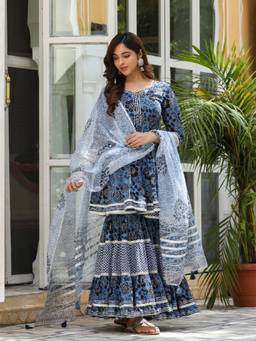 EverBloom - Amreen Printed Blue Flared Kurti with Sharara & Dupatta (Set of 3)