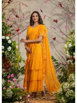 EverBloom - Chandni Yellow Bandhej Pre-Draped Saree with Stitched Blouse