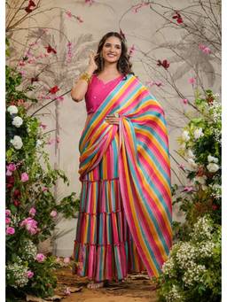 EverBloom - Roze Strips Pink Sharara Pre-Draped Saree with Stitched Blouse