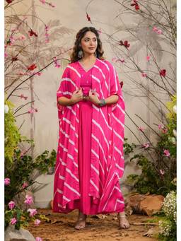 EverBloom - Gulaal Pink Solid Palazzos with Blouse & Leheriya Cape (Set of 3)