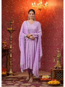EverBloom - Mahira Lavender Lurex Flared Kurta with Pants & Dupatta (Set of 3)