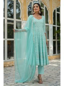 EverBloom - Dilnaaz Turquoise Chikankari Anarkali Suit With Dupatta (Set of 3)
