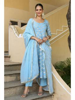EverBloom - Giva Powder Blue Jacquard Anarkali Suit With Dupatta (Set of 3)