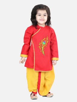 BownBee - Cotton Embroidered Dhoti Kurta for Boys - Red & Yellow (Set of 2)
