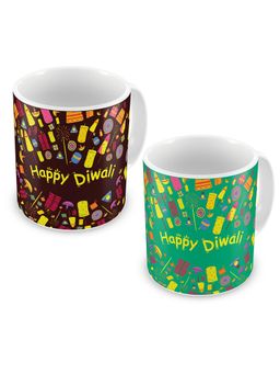 Indigifts - Kitchen Brown & Green Happy Diwali Crackers Mugs (Pack Of 2)