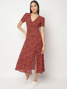 Missguided - Red Floral Print Half Button Midi Tea Dress