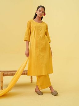 JITI - Yellow Merigold Bloom Kurta with Palazzo and Dupatta (Set of 3)