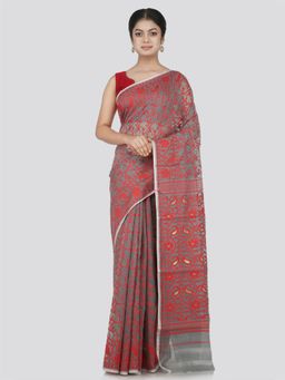 PinkLoom - Women's Soft Cotton Jamdani Saree Without Blouse Piece, Grey