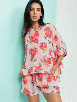 AOBA - Women Pink Floral Beachwear Top with Shorts (Set of 2)