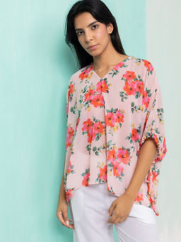 AOBA - Women Pink Floral Georgette Beachwear Top