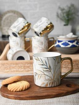 Femora - Fine Bone China Pastel Tropical Leaves Tea Cups - 180Ml - 6 Pcs Set