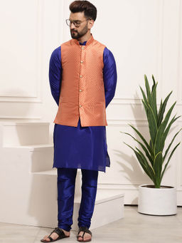 SOJANYA - Mens Silk Blend Rblue Kurta Pyjama & Orange Nehru Jacket (Set of 3)
