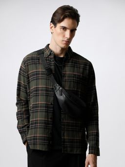 The Bear House - Men Olive & Black Checked Slim Fit Cotton Casual Shirt