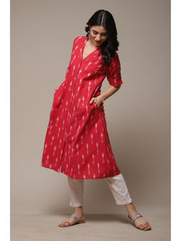 Biba - Womens Pink Yarndyed Ikat Straight Kurta