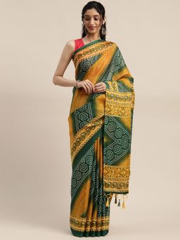 Rajnandini - Green and Yellow Kota Doria Cotton Printed Traditional Saree with Unstitched Blouse