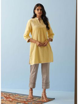 Lakshita - Yellow Embroidered Thigh Length Crinkled Kurti