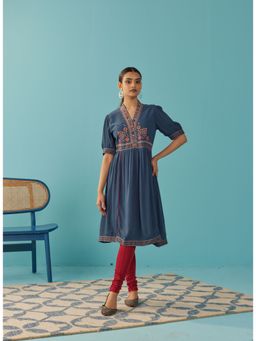 Lakshita - Blue A-Line Kurti with Puffed Sleeve and Stylized Neck