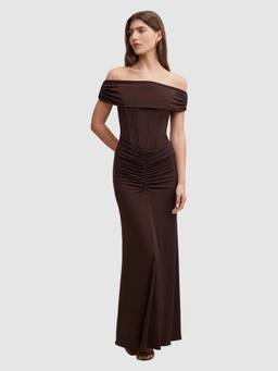 Forever New - Brown Ania Ruched Bardot Maxi Dress