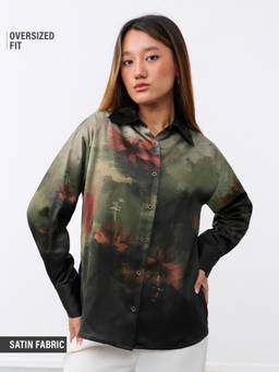 The Souled Store - Hibiscus Bloom Satin Shirt Women Oversized Shirts