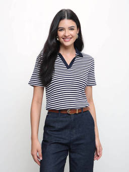 U.S. POLO ASSN. - Blue Women Horizontal Striped Relaxed Fit Polo T-shirt