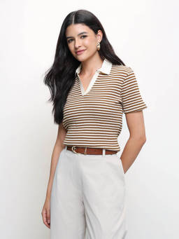 U.S. POLO ASSN. - Beige Women Horizontal Striped Relaxed Fit Polo T-shirt