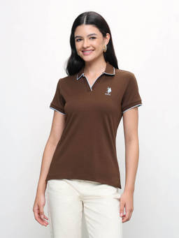 U.S. POLO ASSN. - Brown Women Solid Regular Fit Polo T-shirt