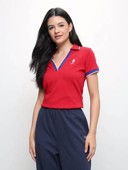 U.S. POLO ASSN. - Red Women Solid Regular Fit Polo T-shirt