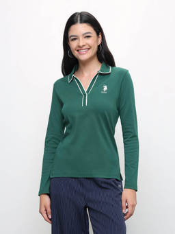 U.S. POLO ASSN. - Green Women Solid Regular Fit Polo T-shirt