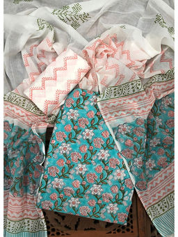Palash - Teal Floral Printed Cotton Suit with Cotton Dupatta (Set of 3)