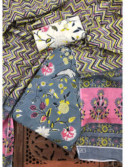 Palash - Grey Floral Printed Cotton Suit with Cotton Dupatta (Set of 3)