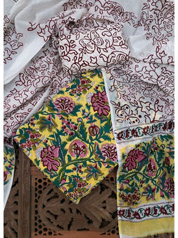 Palash - Yellow Floral Printed Cotton Suit with Cotton Dupatta (Set of 3)