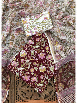 Palash - Maroon Floral Printed Cotton Suit with Kota Doria Dupatta (Set of 3)