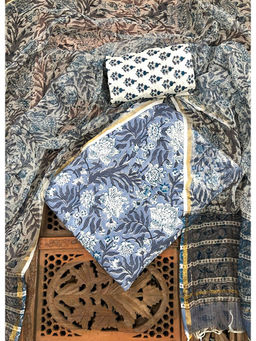 Palash - Blue Floral Printed Cotton Suit with Kota Doria Dupatta (Set of 3)