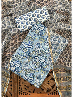 Palash - Blue Floral Printed Cotton Suit with Kota Doria Dupatta (Set of 3)
