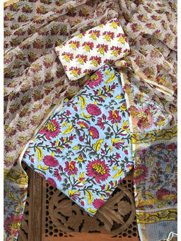Palash - Blue Floral Printed Cotton Suit with Kota Doria Dupatta (Set of 3)