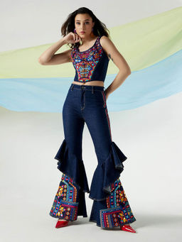 Lee - X Suneet Varma Women's Embroidered Blue Scoop Neck Corset