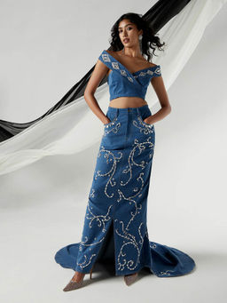 Lee - X Suneet Varma Women's Stone Embellishment Blue Off Shoulder Corset