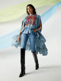 Lee - X Suneet Varma Women's Embroidered Blue Round Neck Poncho