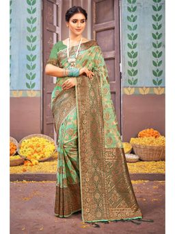 Sangam Prints - Green Cotton Woven Zari Work Traditional Tassel Saree with Unstitched Blouse
