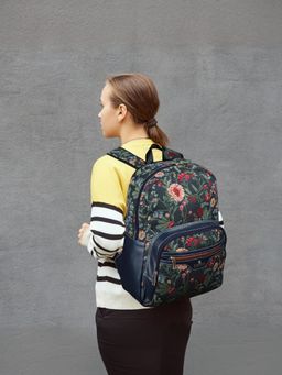 The Clownfish - Tapestry Fabric Vegan Leather Backpack with Trolley Strap - Navy Blue