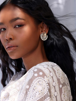 Indya - Dual Tone White Pearl Fish Stud Earrings