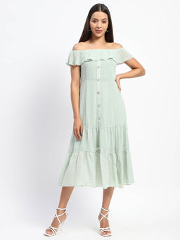 Madame - Green Off Shoulder Floral Print Midi Dress