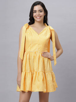 PEACH & PANDA - Women Yellow Gingham Tiered Knot Dress