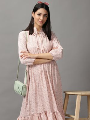 Women's Peach V-Neck Fit and Flare Maxi Dress