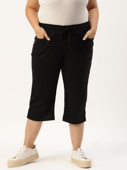 theRebelinme - Plus Size Womens Black Solid Color Wait Tie-Up Cotton Knitted Capris