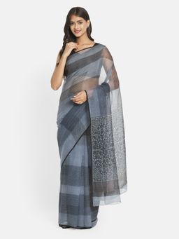 Fabindia - Grey Cotton Silk Printed Saree without Blouse
