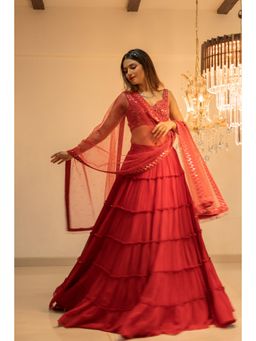 FORAM PATEL - Red Tiered Mirror Work Embroidered Lehenga with Blouse and Dupatta (Set of 3)