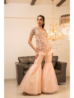 FORAM PATEL - Pink Embroidered Organza Top with Sharara (Set of 2)