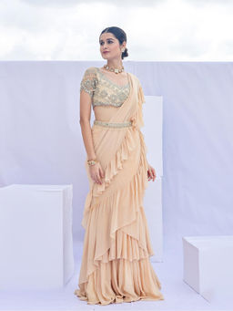 FORAM PATEL - Beige Solid Pre-Draped Ruffle Saree with Embroidered Stitched Blouse and Belt